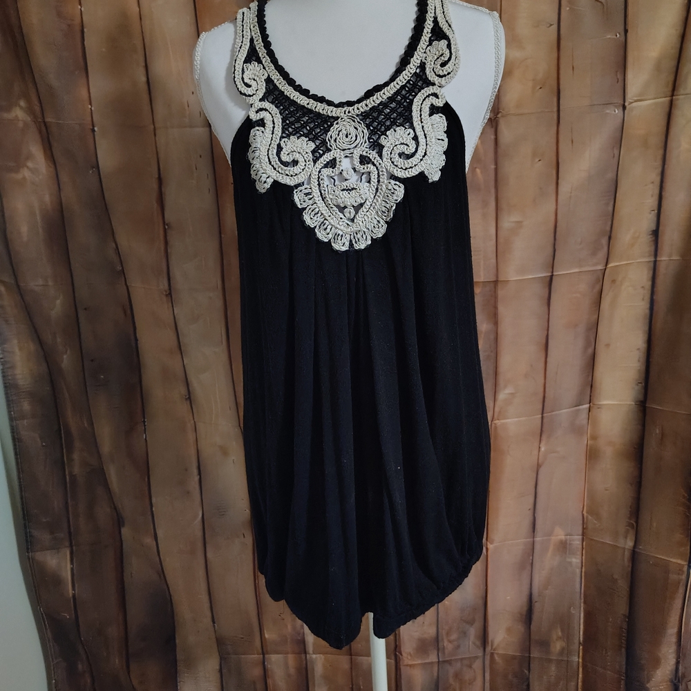Cache Black Tank Top with Intricate White Design